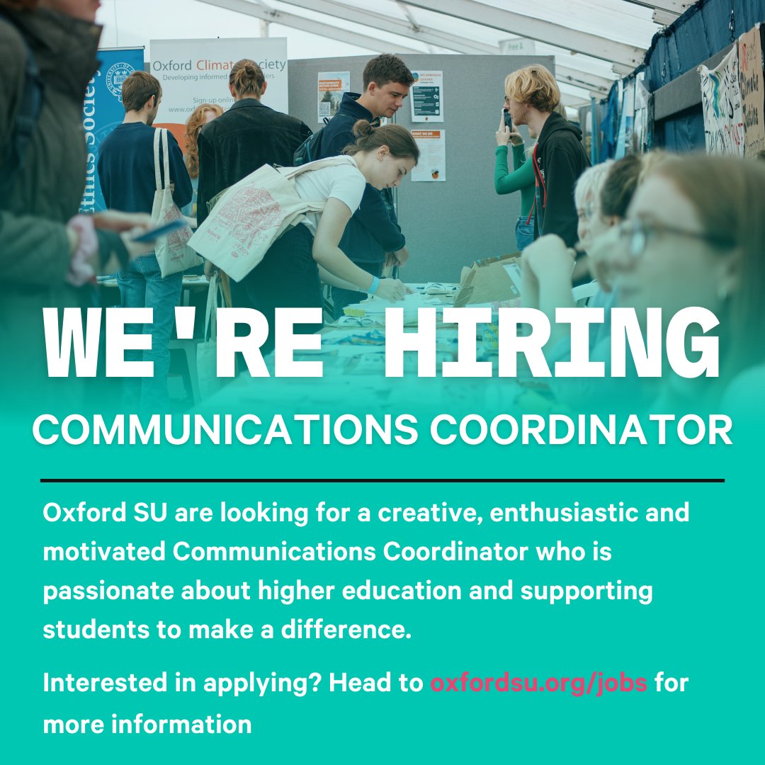 Oxford SU are looking for a creative, enthusiastic and motivated Communications Coordinator who is passionate about higher education and supporting students to make a difference. 

Applications closing 3rd May. 

Apply here: oxfordsu.org/about-us/work-…