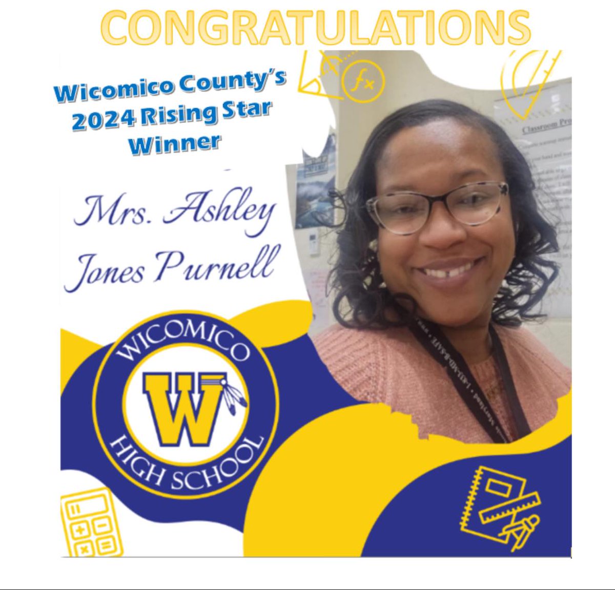 Each year Wicomico Public Schools recognizes a second year teacher for the McCain Foundation's Rising Star Award. This year's winner is Wi-Hi Math Teacher Ashely Jones-Purnell. Watch her YouTube story here - youtu.be/YpEk9E8uql4 CONGRATS Mrs. Jones-Purnell! @WicomicoHS