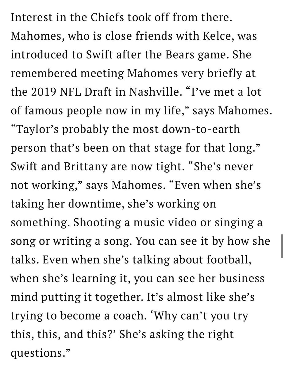 swifferupdates's tweet photo. 📝| @PatrickMahomes talking about Taylor in his @TIME interview! ❤️💛

"Taylor's probably the most down-to-earth person that's been on that stage for that long. She's never not working. 

Even when she's taking her downtime, she's working on something. Shooting a music video or singing a song or writing a song. You can see it by how she talks. 
Even when she's talking about football, when she's learning it, you can see her business mind putting it together. 

It's almost like she's trying to become a coach. 'Why can't you try this, this, and this?' She's asking the right questions."