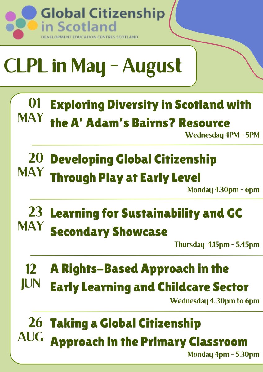 Get out your calendars + save these dates! 📅

We offer a range of free Career Long Professional Learning opportunities to support the development of Global Citizenship Education. 

🔗Learn more here: signpostsglobalcitizenship.org/current-clpl-o… 

#LearningforSustainability #GlobalCitizenship