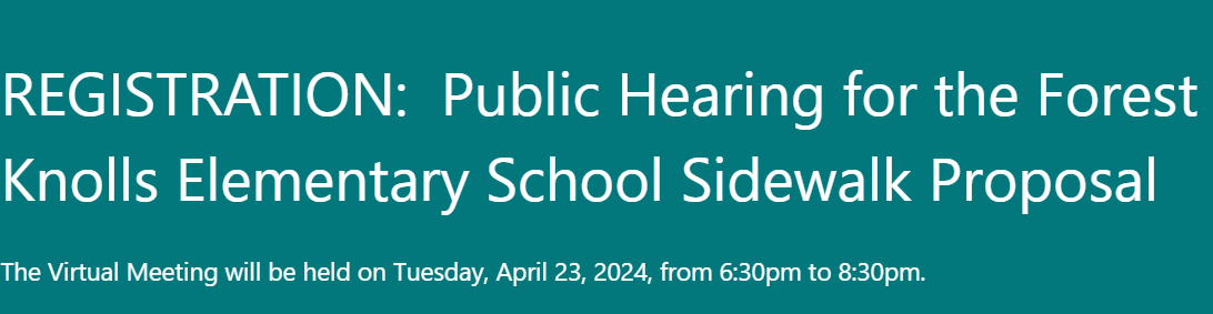 🚶‍♂️NEW🚶‍♂️
Forest Knolls Elementary School Safe Routes to School Project. There will be a virtual public hearing on Tuesday, April 23, 2024, from 6:30pm to 8:30pm.
⭐️Project details🔗tinyurl.com/mr3e825k
@CMKristinMink @VisionZeroMC @MCPSSafety #visionzero #montgomerycountymd