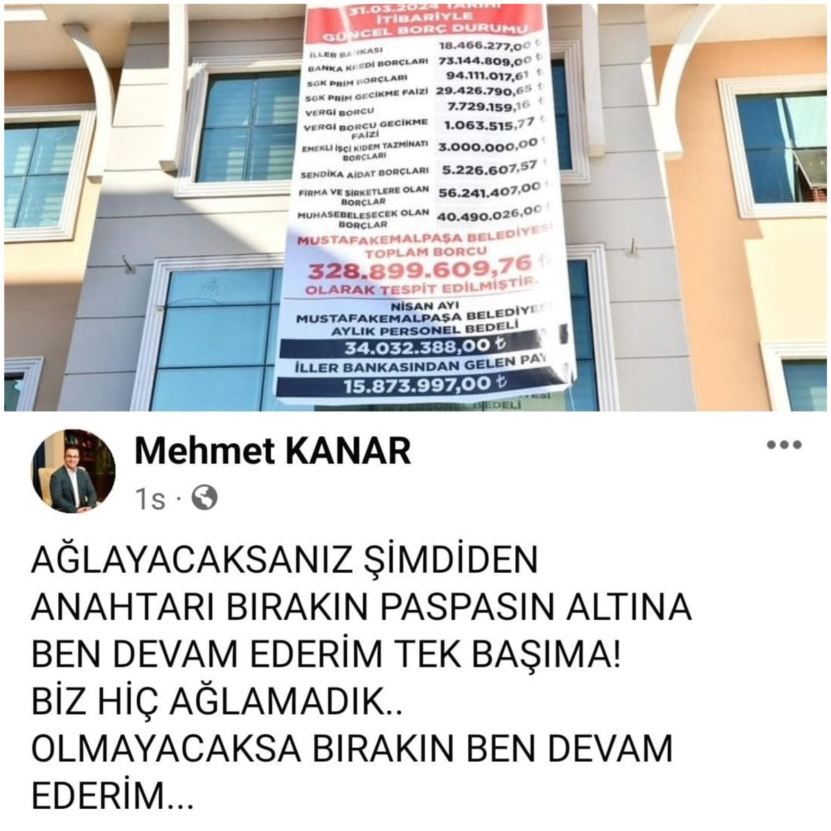 AKP’den CHP’ye geçen Mustafakemalpaşa Belediyesi’nin 300 milyonun üzerinde borcu olduğu ortay çıktı. Borç miktarı asılan afişle halka duyurulunca AKP’li eski başkan sosyal medya hesabından, “Ağlayacaksanız anahtarı bırakın” yazdı.