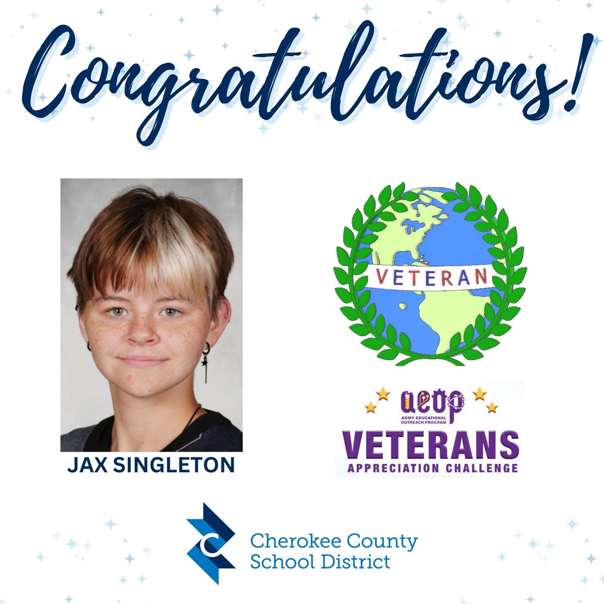 A CCSD student has earned national recognition for career skills! Woodstock HS sophomore Jax Singleton was named one of 20 national Army Educational Outreach Program Veterans Appreciation Challenge finalists by Future Engineers. More: cherokeek12.net/post-detail/~b… #CCSDfam #CCSDstem