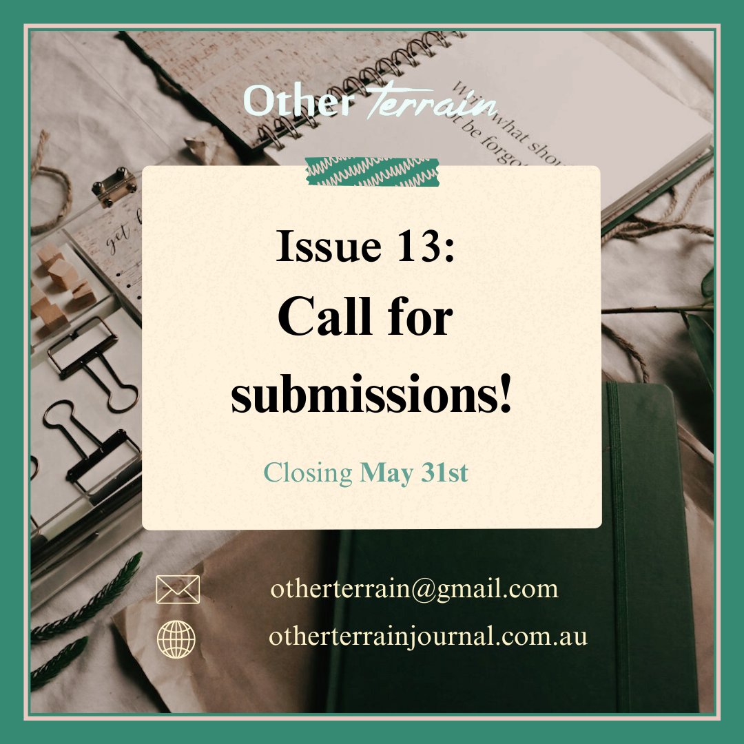 Submissions for Other Terrain Issue 13 are open! We welcome short stories, poetry, podcasts, photography, film/book/video game reviews, and audio plays to be submitted. Email us at otherterrain@gmail.com. We look forward to hearing from you!
