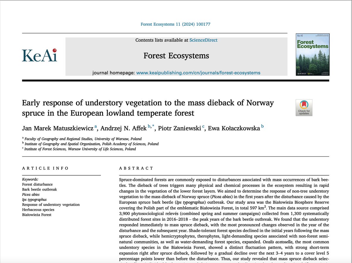 Our new paper out in Forest Ecosystems, Early response of understory vegetation to the mass dieback of Norway #spruce in the European lowland temperate #forest by Jan Matuszkiewicz and co-authors from Department of Geoecology of @igsopas 🧑‍🔬🌲
sciencedirect.com/science/articl…