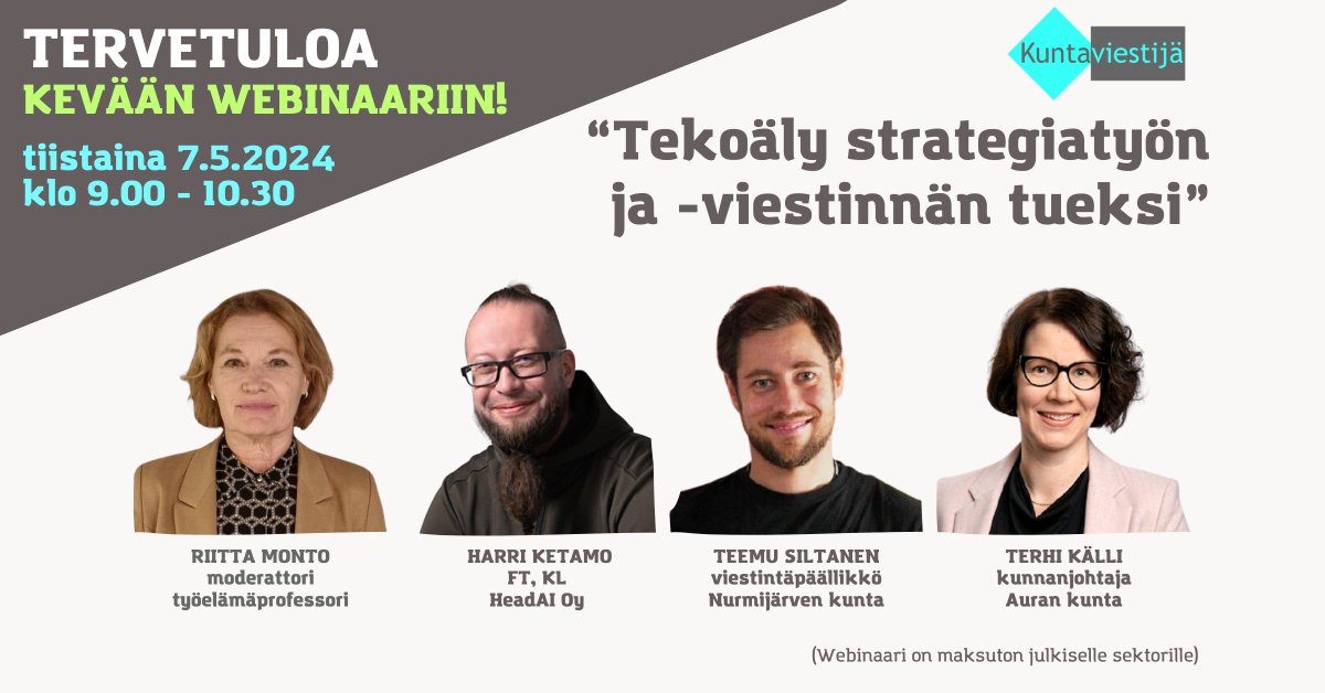 Kuntaviestijän tämän kevään webinaarin aihe on mielenkiintoinen: Tekoäly strategiatyön ja -viestinnän tueksi. Webinaari on tarkoitettu julkiselle sektorille! Mukana on jo paljon julkisen sektorin toimijoita. Tule sinäkin! Lue lisää ja ilmoittaudu täältä: bit.ly/ilmoittautumin…