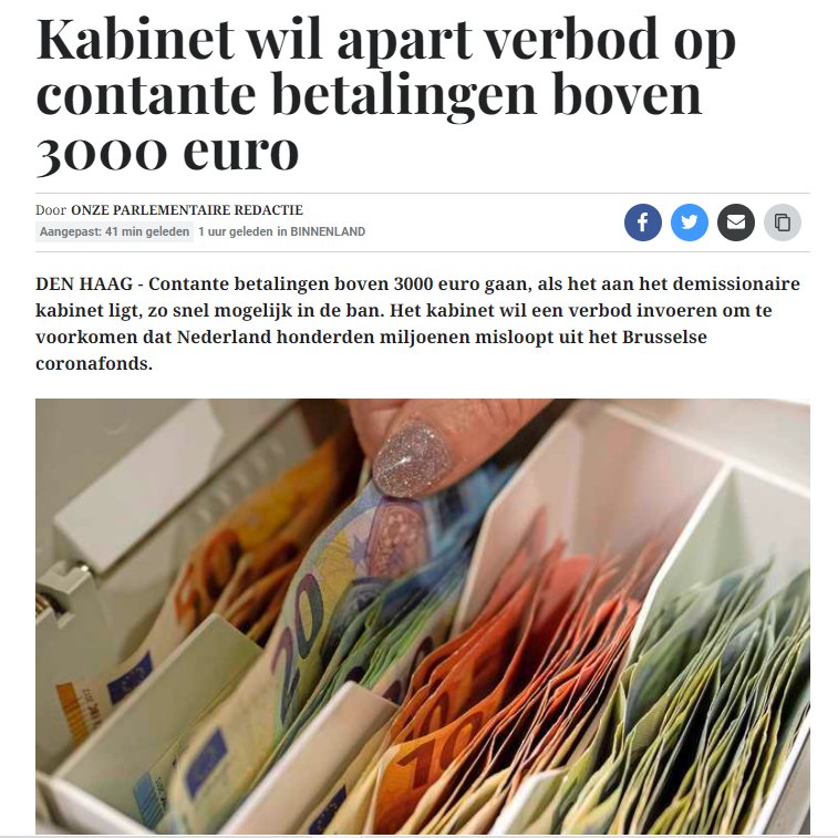 Als Nederland contante betalingen boven €3.000 niet verbiedt, krijgt NL minder geld uit het #coronaherstelfonds waar NL zelf miljarden aan heeft bijgedragen!

Behalve een sigaar uit eigen doos, is dit #chantage door de #EU. 
En zeg nou zelf... heeft niks te maken met #corona!