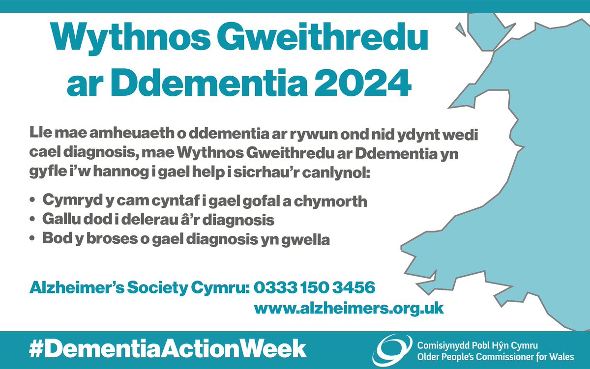 Os ydych chi’n ei chael hi’n anodd cael diagnosis o ddementia, gall @AlzSocCymru roi help a chefnogaeth i’ch arwain drwy’r cyfnod anodd hwn #DementiaActionWeek Darganfod mwy: alzheimers.org.uk/about-dementia…