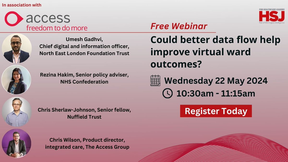 This HSJ webinar, run in association with @TheAccessGroup, brings together an expert panel to consider how better data flow could help improve virtual ward outcomes. Register today: hsj.co.uk/hsj-webinars/w…