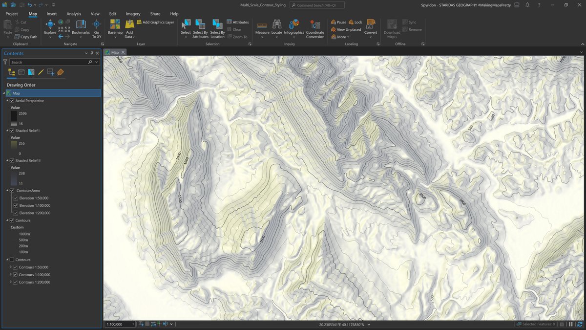 Multi-Scale Contour Styling in #ArcGISPro is the name of my article @John_M_Nelson kindly hosted on his blog! With a little help of #Arcade and #SQL and Pro's symbology capabilities, mastering contours is easy! Read it here: esri.com/arcgis-blog/pr… #cARTography #MakingMapsPretty