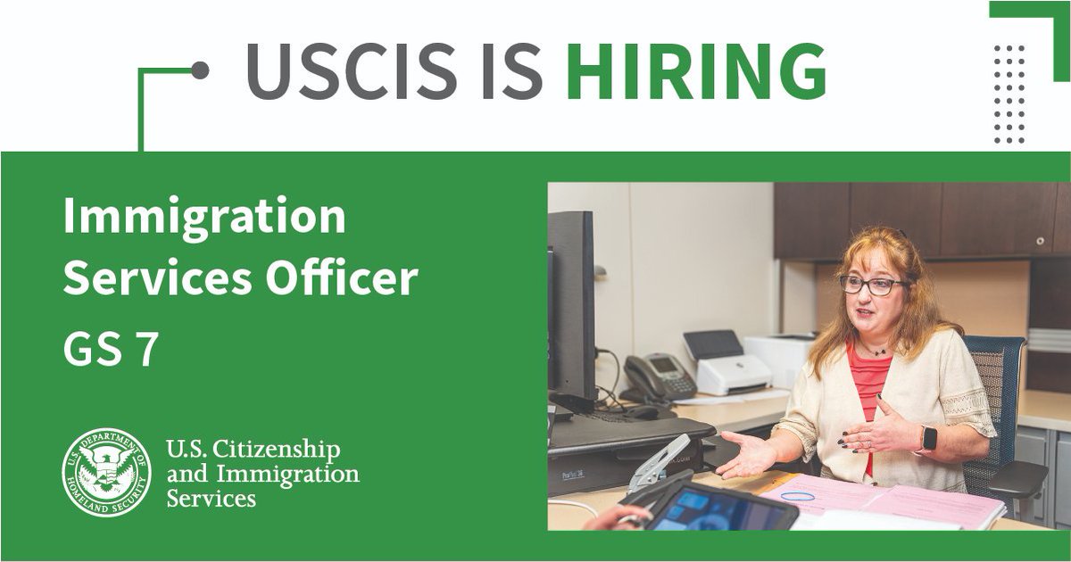 Interested in a career where you can change lives every day? Join USCIS as an immigration services officer! Learn more and apply by 4/22 at: usajobs.gov/job/785873600 This job will close when we have received 100 applications which may be sooner than the closing date. #JoinUSCIS