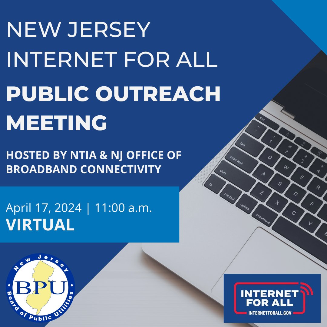 TOMORROW: The NJ Office of Broadband Connectivity and @NTIAgov will host the next virtual #NewJersey #InternetForAll Public Outreach Meeting at 11 a.m. Register now to learn more: bit.ly/3vD2j4X