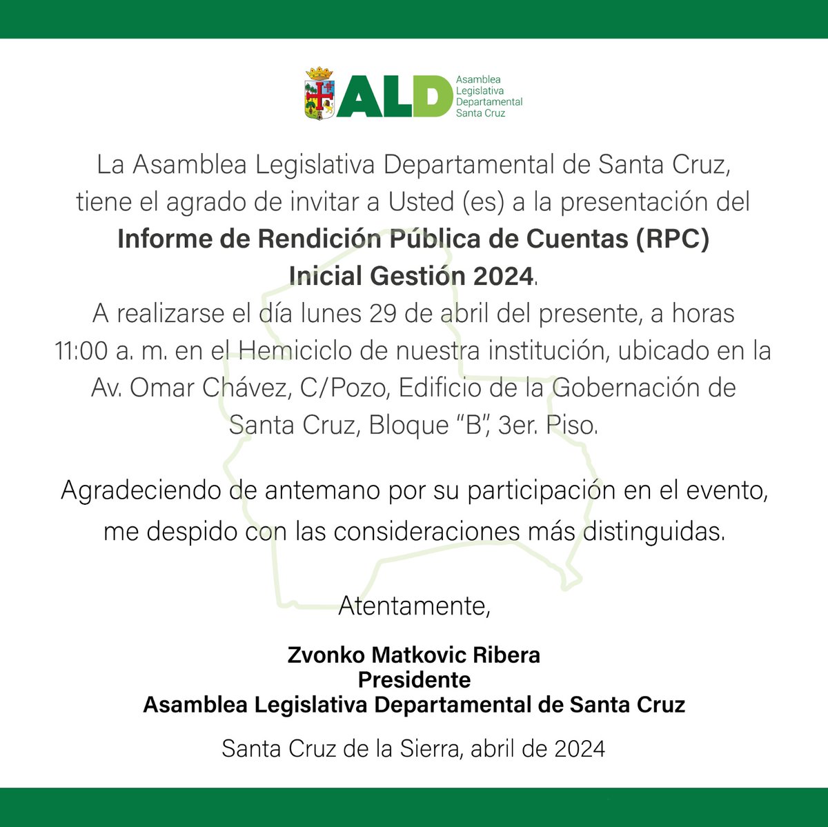 Te invitamos a la Rendición Pública de Cuentas Inicial Gestión 2024 de nuestra Asamblea Legislativa Departamental de Santa Cruz. 

Acompañanos el 29 de abril a las 11:00 a.m. en el Hemiciclo de la ALD.