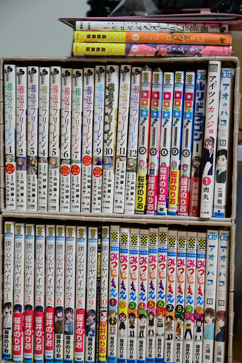 Pfrog6's tweet photo. 枕元に最近ハマリ中の単行本
単行本派なので 部屋の本棚は (*>ω<)ω<*)ぎゅ〜ぎゅ~
読み直し率高いのは……
今は…僕ヤバかなぁ
 #単行本   #僕ヤバ  #ロロッロ
 #みつどもえ  #フリーレン
 #アイツノカノジョ
 #アオのハコ  #ルリドラゴン 
 #スキップとローファー https://t.co/Cqbtljr0sX
