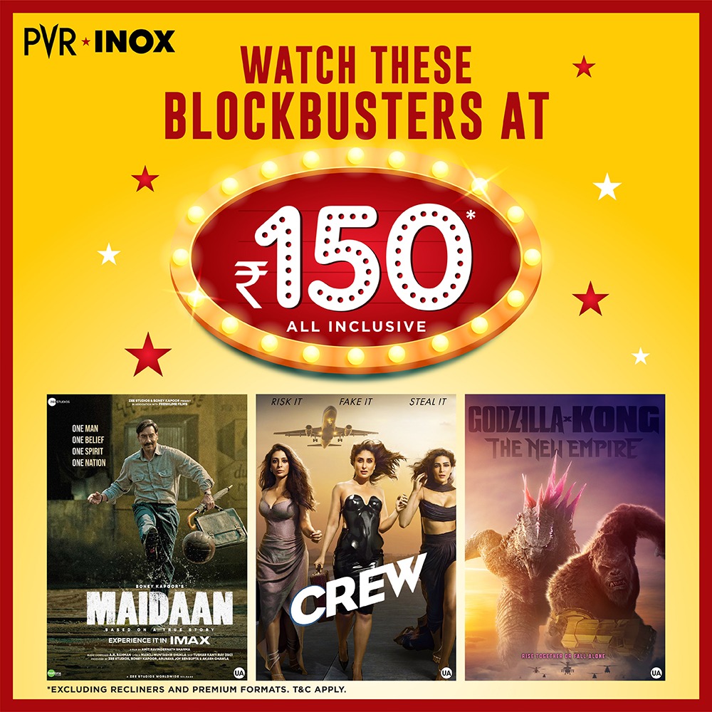 Escape into a world of entertainment with our amazing offer! 🎬 Watch the latest blockbusters for just ₹150. What are you waiting for? . 📷 Book now: inoxmovies.com . #PVRINOX #Offer #Deal #Crew #Maidaan #GodzillaxKongTheFrozenEmpire