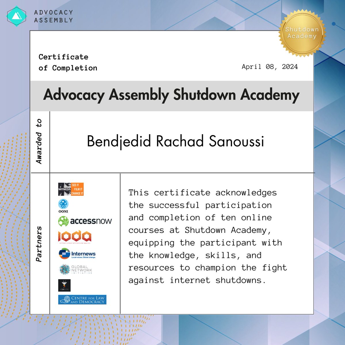 +1 🎓 I'm excited to announce that I've successfully completed the #InternetShutdowns #Academy by Advocacy Assembly. It's been an enlightening journey diving deep into the complexities of internet shutdowns, the #technical difficulties of various internet shutdown models.