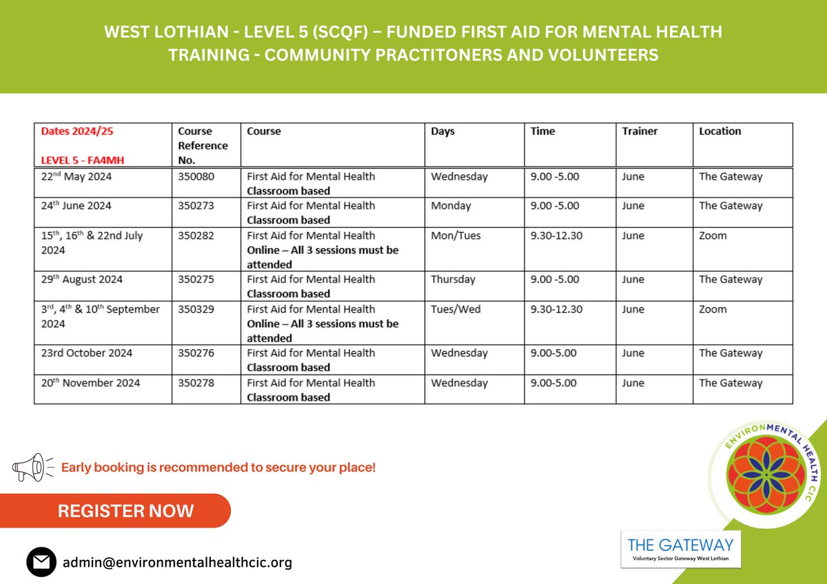 📢 Our funded First Aid For Mental Health Training courses for Community Practitioners and Volunteers in #EastLothian and #WestLothian are here! 

Boost awareness, reduce stigma, and empower conversations. 

Contact admin@environmentalhealthcic.org for details!
