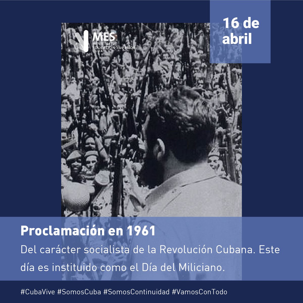 16/4/1961: El Comandante en Jefe proclama el carácter socialista de la Revolución cubana, durante el sepelio de las víctimas de los bombardeos perpetrados contra los aeropuertos cubanos. La comunidad universitaria ratifica #hoy su compromiso con la Revolución y el proyecto social