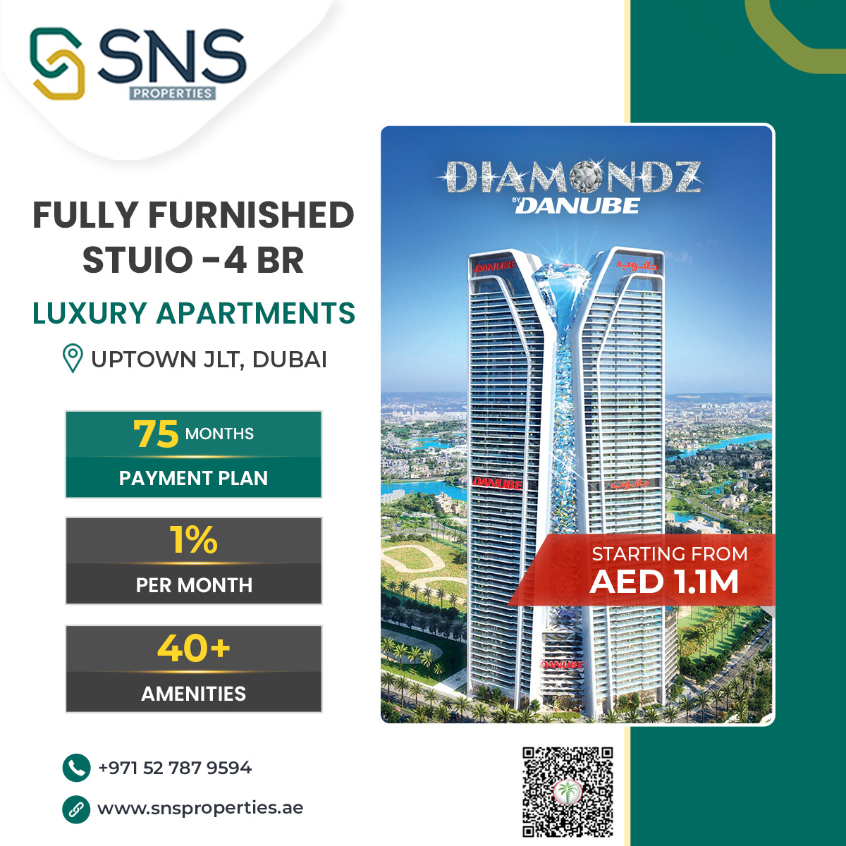 ✨✨ Luxurious living awaits at Diamondz by Danube in Jumeirah Lake Towers (JLT), Dubai. 

Prices start at AED 1.1 million with a 75-month payment plan of 1% per month.

#Diamondzbydanube #LuxuryLiving #DubaiRealEstate #JLT 
#danube #investindubai #snsproperties