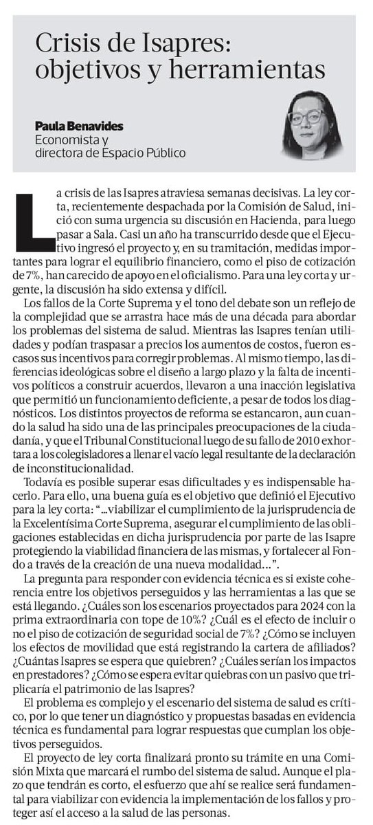 🔴 #Isapres 'El problema es complejo y el escenario del sistema de salud es crítico, por lo que tener un diagnóstico y propuestas basadas en evidencia técnica es fundamental para lograr respuestas que cumplan los objetivos', escribe nuestra directora @Pbspaulita en @latercera 👇🏽