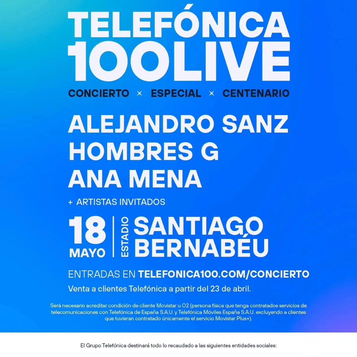 #Repost @alejandrosanz
Los 100 años se celebran, y con música, mejor.  El 18 de mayo ven conmigo al #Telefónica100Live en el Santiago Bernabéu 🙌🥷 

@telefonica