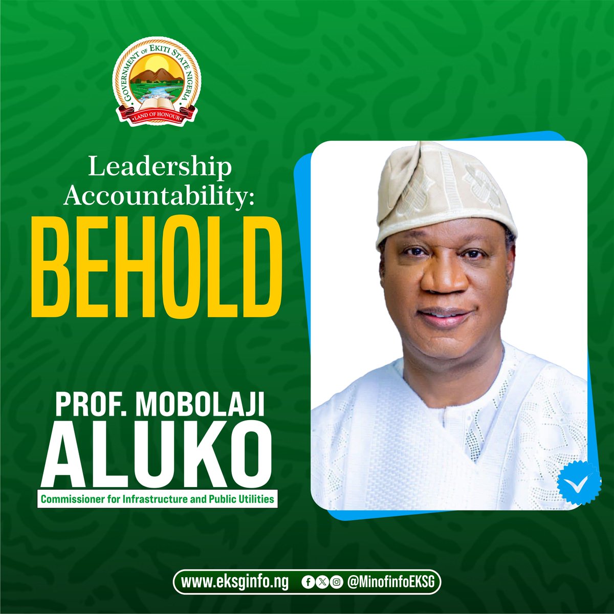 𝐊𝐧𝐨𝐰 𝐘𝐨𝐮𝐫 𝐏𝐮𝐛𝐥𝐢𝐜 𝐎𝐟𝐟𝐢𝐜𝐢𝐚𝐥𝐬... 

Today’s episode features Prof. Mobolaji Aluko, Commissioner for Infrastructure and Public Utilities.

#Governance 
#Ekiti
#PublicInfrastructure
#GovernorOyebanji
#SharedProsperity
