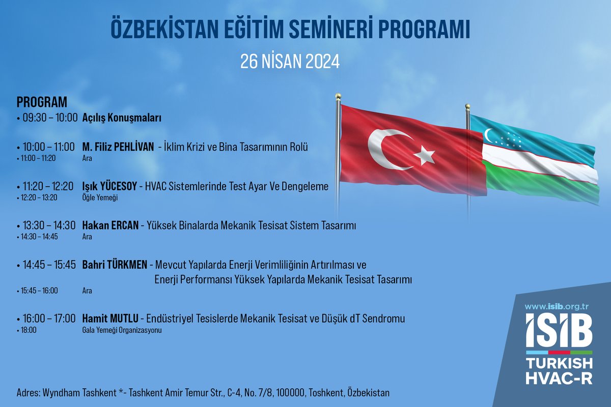 26 Nisan Cuma günü Taşkent/Özbekistan’da @turkishhvacr tarafından gerçekleştirilecek Eğitim Seminerinde İklim Krizi ve Bina Tasarımının Rolünü anlatacağım. Özbekistan'lı meslektaşlarımızla birarada olacağımız için mutluyuz. #iklimkrizi #iqliminqirozi