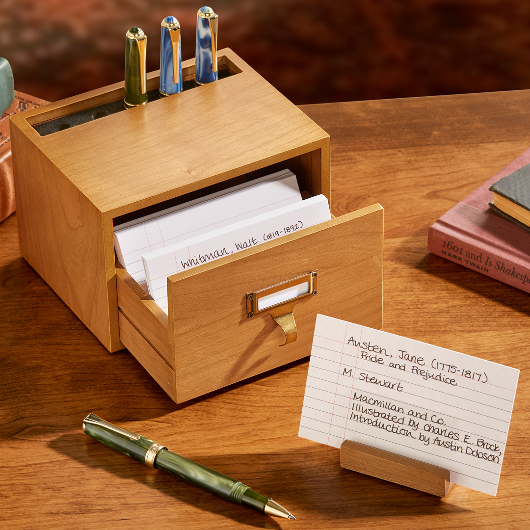 This #NationalLibrarianDay, we tip our hats to the fearless leaders of literature lending. Seeking the ideal gift for the librarian who has everything? Explore our vintage-inspired desktop Card Catalog, perfect for organizing note cards and pens.