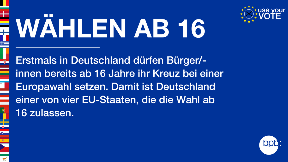 Wählen ab 16: Chance oder Gefahr für die #Demokratie? Erstmals dürfen in Deutschland 2024 auch Jugendliche ab 16 Jahren ihre #Stimme bei der #Europawahl abgegeben. Ist das sinnvoll?

#UseYourVote #NutzeDeineStimme #WählenAb16 #EU