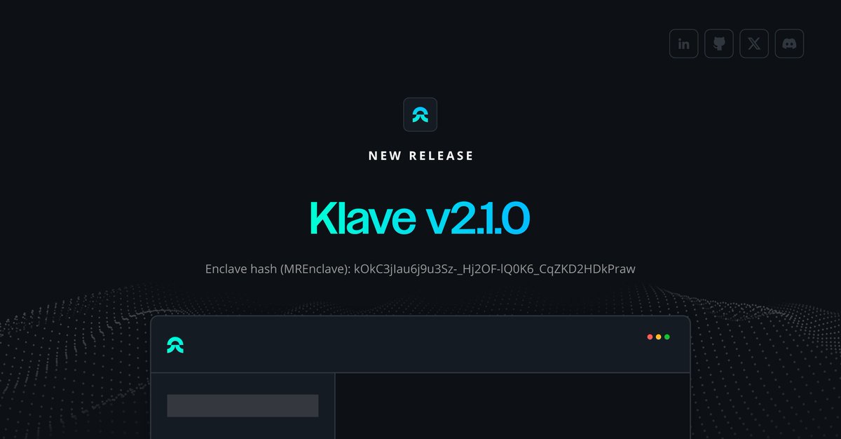 KlaveNetwork's tweet photo. 🎉Introducing #Klave v2.1.0!🎉 #Enclave hash (MREnclave): kOkC3jIau6j9u3Sz-_Hj2OF-lQ0K6_CqZKD2HDkPraw. What’s new? Migrated our #Wasm engine to #Wasmtime✅. What’s next? Wasm #componentmodel &amp; #Rust support for #Klave Apps, coming soon👀. Deploy on Klave: https://t.co/Ba7wJTmh32 https://t.co/2WxcXQTl2N