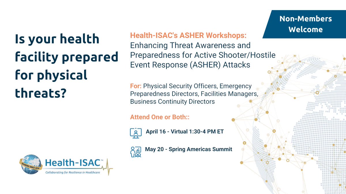 TODAY at 1:30 PM ET! Enhancing Threat Awareness and Preparedness for Active Shooter/Hostile Event Response (ASHER) Attacks in Health Services Facilities. The second of two virtual workshops. portal.h-isac.org/s/community-ev… #incidentresponse #healthcaresecurity #hospital