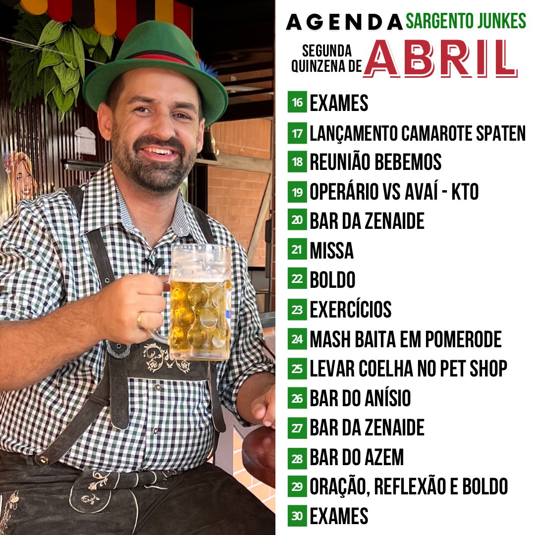 sargentojunkes's tweet photo. Agenda de compromissos para a segunda quinzena de Abril. O trabalho não pode parar.
#agenda #compromissos #comitiva #reinodogarcia https://t.co/JFO9VrcMMB