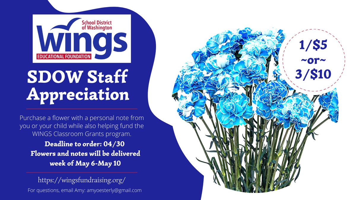 Jason Oesterly (@jasonoesterly) on Twitter photo Show your appreciation for <a href="/SDofWashington/">Washington Schools</a> teachers and staff while supporting the WINGS Educational Foundation. Purchase a flower and personal note at wingsfundraising.org through 04/30. Show your appreciation for <a href="/SDofWashington/">Washington Schools</a> teachers and staff while supporting the WINGS Educational Foundation. Purchase a flower and personal note at wingsfundraising.org through 04/30.