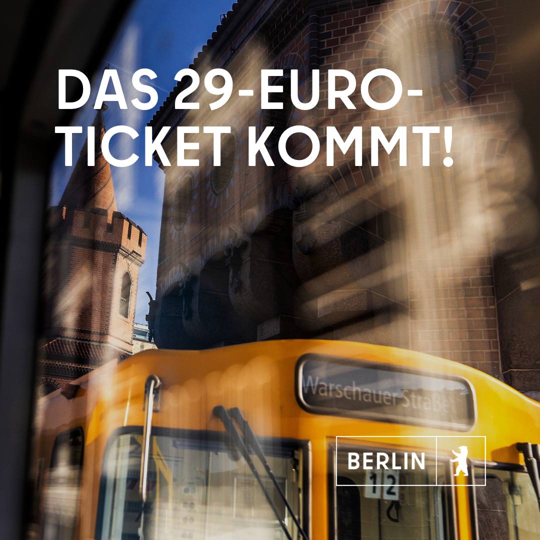 Für eine bezahlbare und nachhaltige Mobilität: Der Senat hat heute den Weg für ein #29EuroTicket freigemacht! Ab dem 1. Juli soll das Ticket im Berliner Stadtgebiet gelten. Der Verkauf startet am 23. April. Ein wichtiger Schritt, um die Verkehrswende in Berlin voranzubringen.