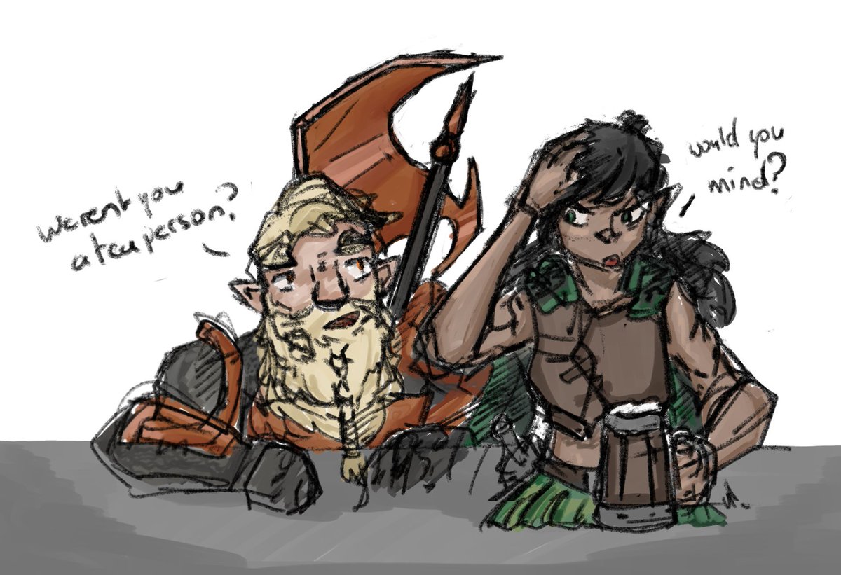 kanijame's tweet image. An old doodle from our very first #dnd session.
"..Nalaky and Deadman having a gnomish apple juice drink-off. They catch Illai talking to herself, annoyed by the odd voice mocking her, and just barely able to play it off on her drinking.."
(2022.)