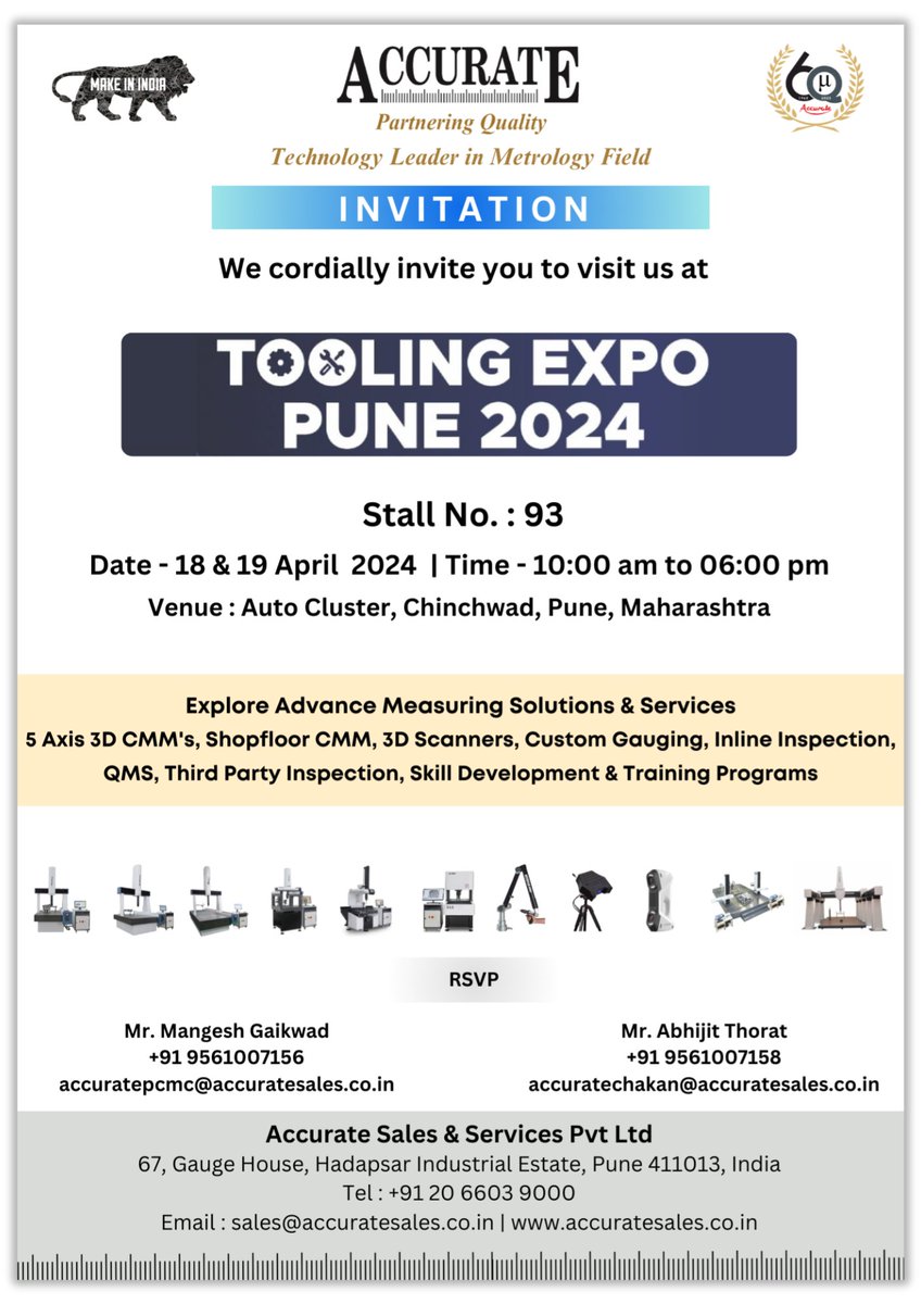 AccurateSSPL's tweet photo. Join us at the Tooling Expo 2024, organized by NTTF, happening on April 18-19, 2024, at Auto Cluster, Chinchwad Pune!
Come and discover precision measurement solutions & services at our stall 93 from 10 am to 6 pm
#ToolingExpo2024 #PrecisionMeasurement #NTTF #AutoCluster https://t.co/Gg4kPhJFaP