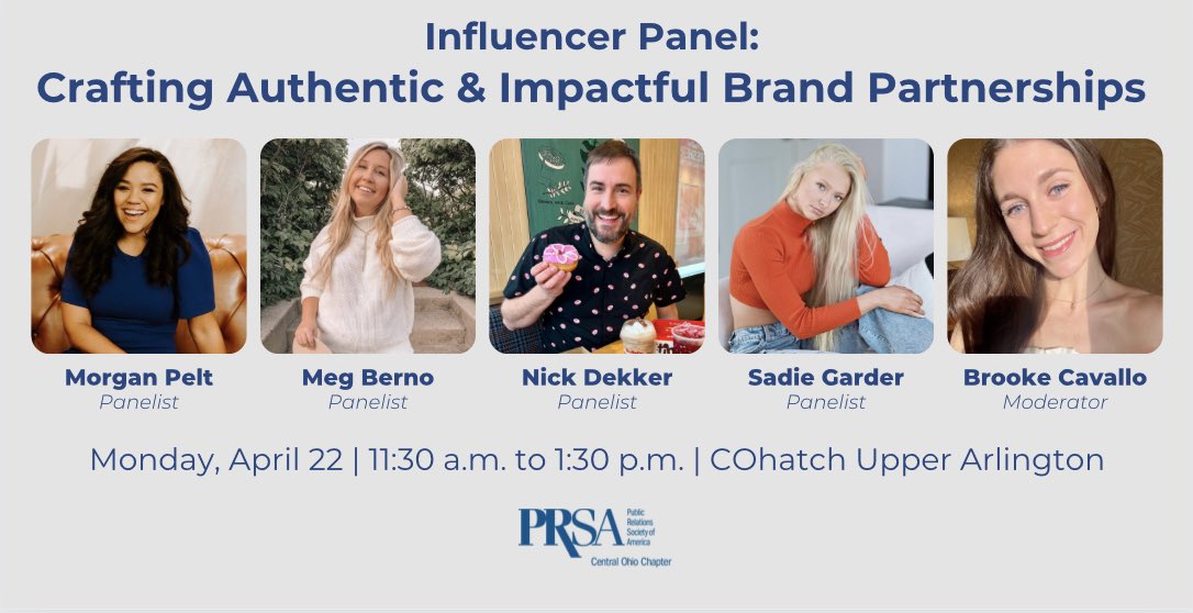Less than one week until our April luncheon!
 
Hear from a panel of local influencers from diverse niches and follower sizes as they reveal the secrets to successful collaborations with brands. 💬
 
Register by this Friday, April 19 at Noon: prsacentralohio.org/meetinginfo.ph…