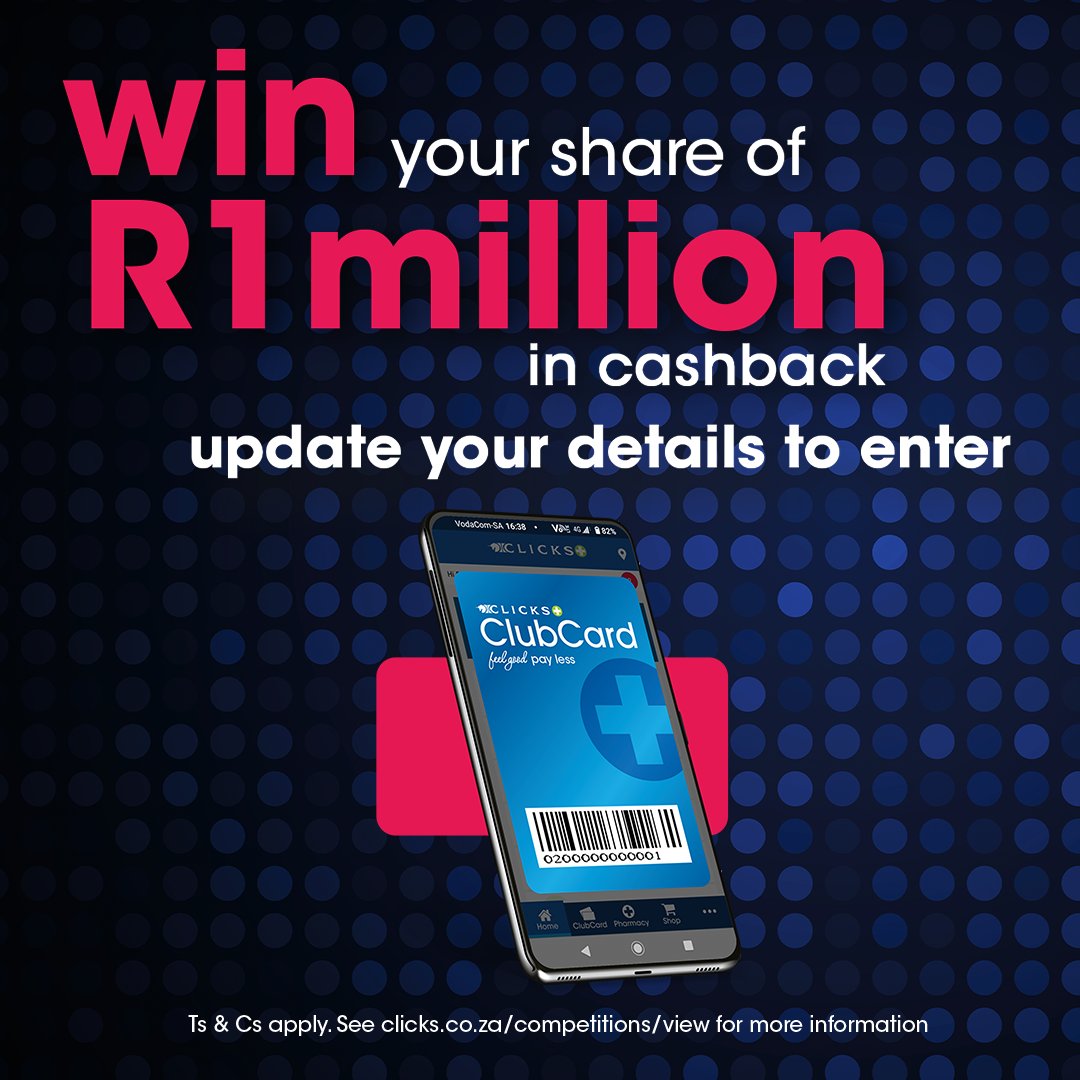 Clicks_SA's tweet photo. We’re rewarding 20 lucky ClubCard members with R5000 in cashback each month for the rest of the year!
Competition runs from 15 Mar – 31 Dec 2024.
Don’t miss out!
Update your details now. > https://t.co/AKszfM1P07
#ClicksClubCard #UpdateDetails #Win https://t.co/PMnlqqqt5O