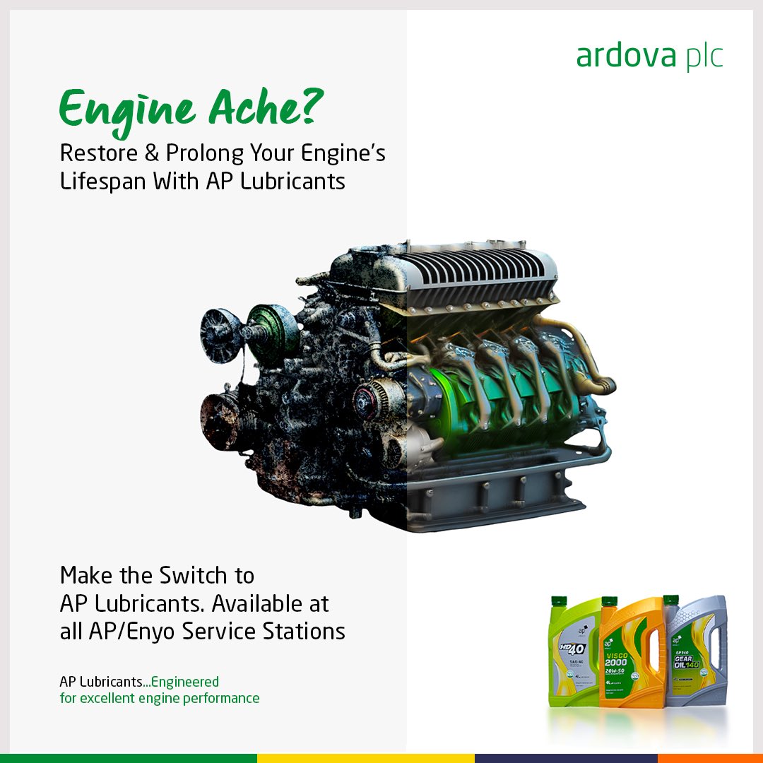 ardovaplc's tweet image. Whatever your engine problem, AP Lubricants is the solution. Make the switch now to any of our AP Lubricant range to get your engine working optimally.
AP Lubricants...Engineered for Excellent Engine Performance
#APLubricants
#EngineeredForExcellentEnginePerformance
#ArdovaPlc