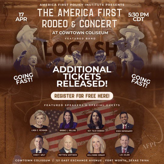 SO EXCITED TO BE WITH SO MANY GREAT FRIENDS AND TRUE PATRIOTS TOMORROW!!! And in my hometown!! I LOVE THIS LIFE @LOCASHmusic!!🐎❤️🇺🇸 🎟️:axs.com/events/540659/… @Linda_McMahon @CoachLouHoltz88 @KellyannePolls @VivekGRamaswamy @TulsiGabbard @LeeMZeldin @ChadFWolf @MattWhitaker46