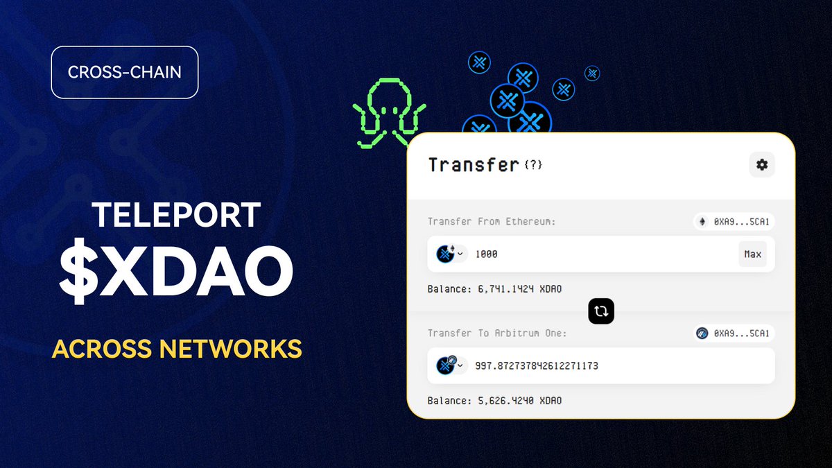 Just a reminder: $XDAO tokens are currently available on Ethereum, Arbitrum One, Polygon, and BNB Chain. Looking to move $XDAO between blockchains? Check out Teleport by @symbiosis_fi. It's fast and secure! 🔗 teleport.symbiosis.finance/swap/