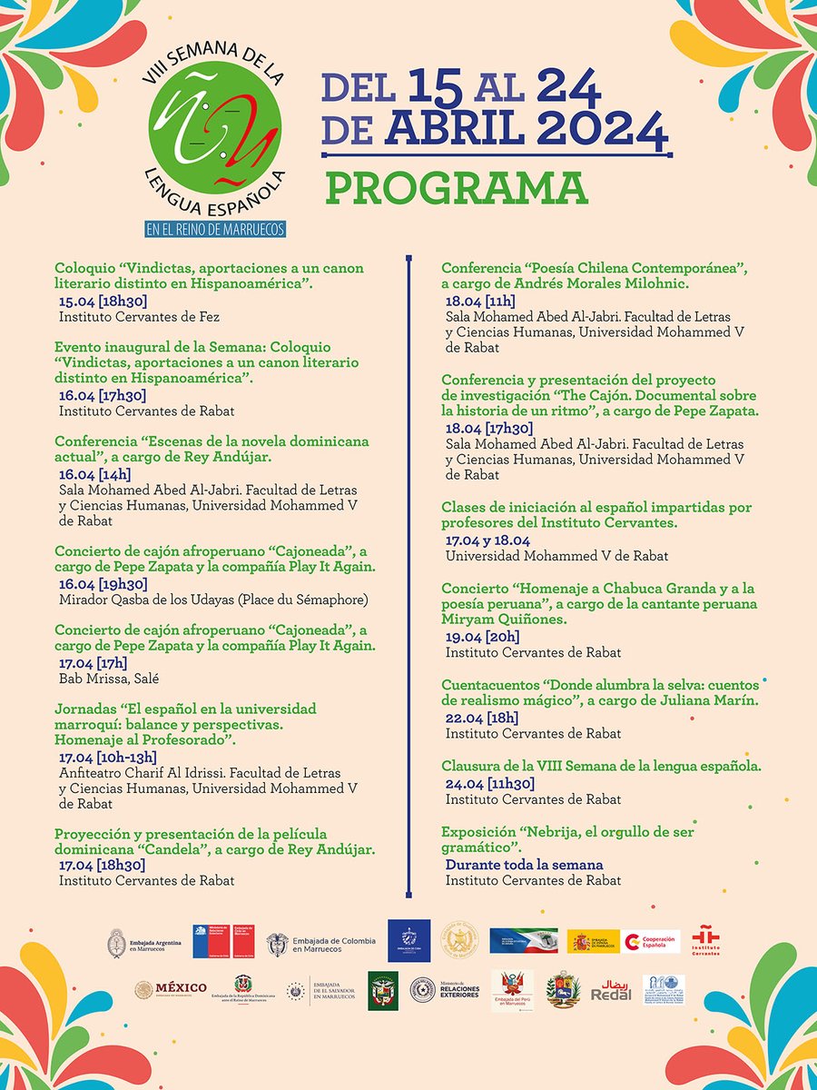 🎉 ¡Comienza la VIII Semana de la Lengua Española en el Reino de Marruecos! Del 15 al 24 de abril, nos sumergiremos en un universo lleno de cultura, arte y diversión, destacando la diversidad y el dinamismo del español a nivel internacional. <a href="/IC_Rabat/">Instituto Cervantes Rabat</a> <a href="/ConsejeriaEduc1/">Consejería Educación Marruecos</a>