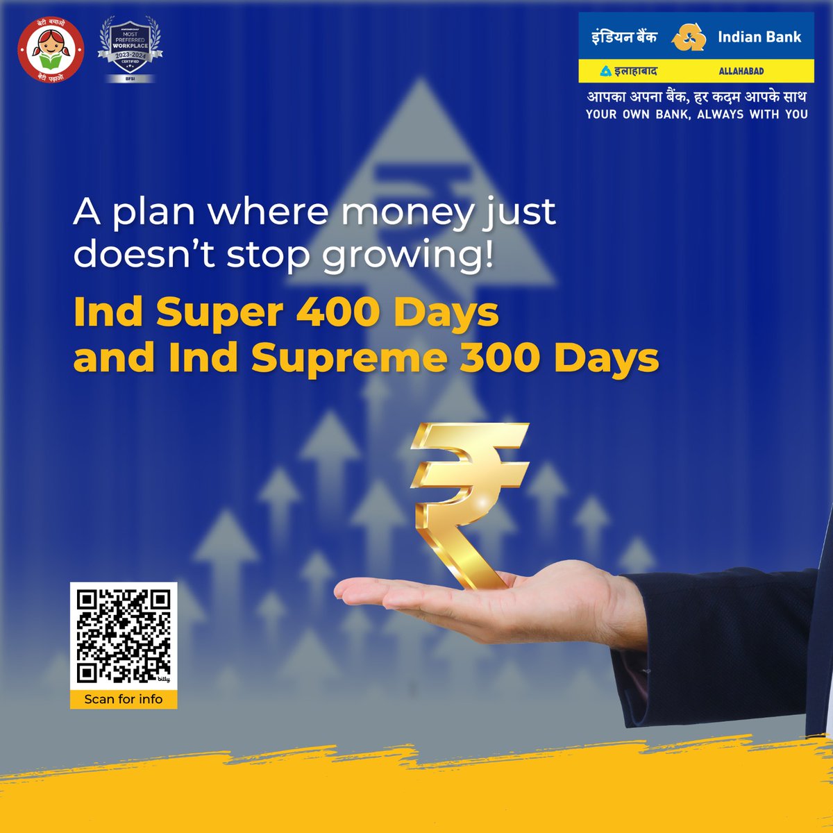 Experience healthy growth with Ind Super 400 Days and Supreme 300 Days special deposit schemes. Watch your money flourish with our powerful deposit plans with returns of upto 8% p.a.
*T&C apply!
 
Know More : bit.ly/IB_TermDeposits
#IndianBank 
@DFS_India