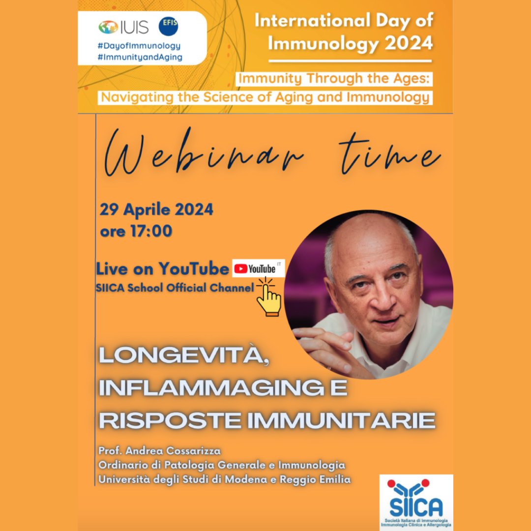 This year's International Day of Immunology will be Monday, April 29th! This year's theme is #ImmunityAndAging! Save the date for our @SiicaI #DayofImmunology webinar April 29th at 17:00 CET on @SiicaI youtube channel: youtube.com/@siicaschool-o… @iuis_online @EFIS_Immunology