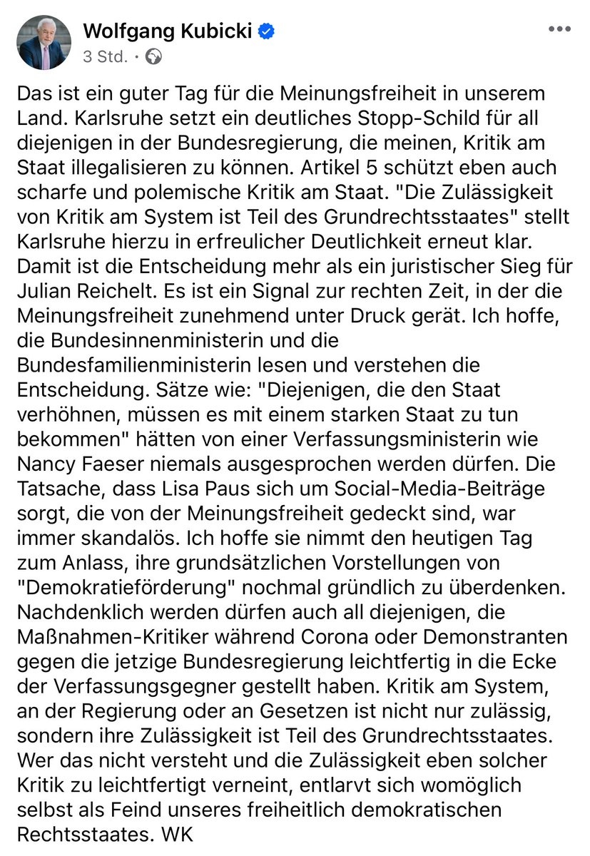 'Damit ist die Entscheidung mehr als ein juristischer Sieg für Julian Reichelt. Es ist ein Signal zur rechten Zeit, in die Meinungsfreiheit zunehmend unter Druck gerät. Ich hoffe, die Innenministerin und die Familienministerin lesen und verstehen die Entscheidung.'