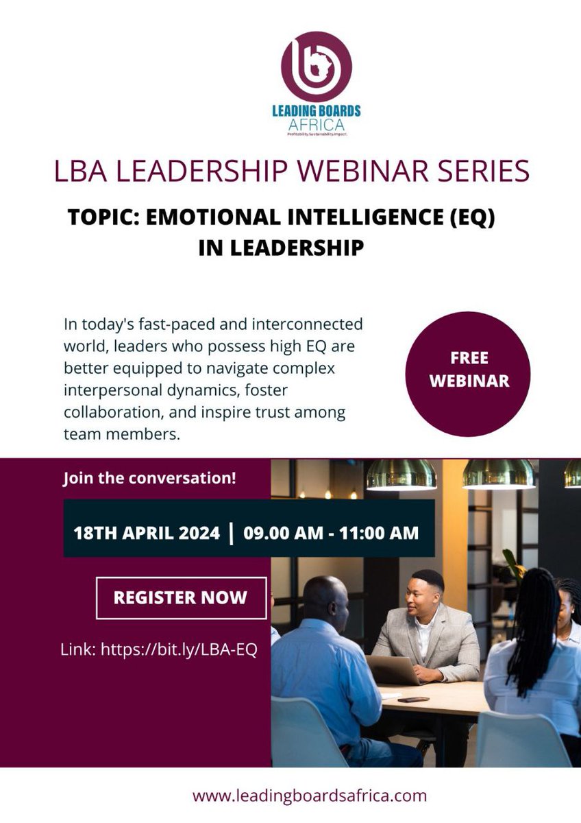 In today's fast-paced & interconnected world,leaders who possess high EQ are better equipped to navigate complex interpersonal dynamics,foster collaboration, and inspire trust among team members.Join @AfricaBoards this Thursday as we discuss:Emotional Intelligence in Leadership