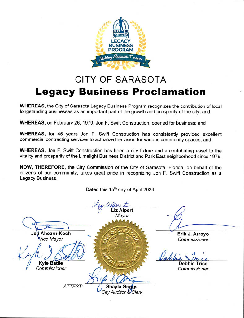 Jon F. Swift Construction has provided contracting services and assistance in creating community spaces since 1979; the City Commission is proud to recognize them as a Legacy Business! Learn more: …ess-inclusion-sarasota.hub.arcgis.com