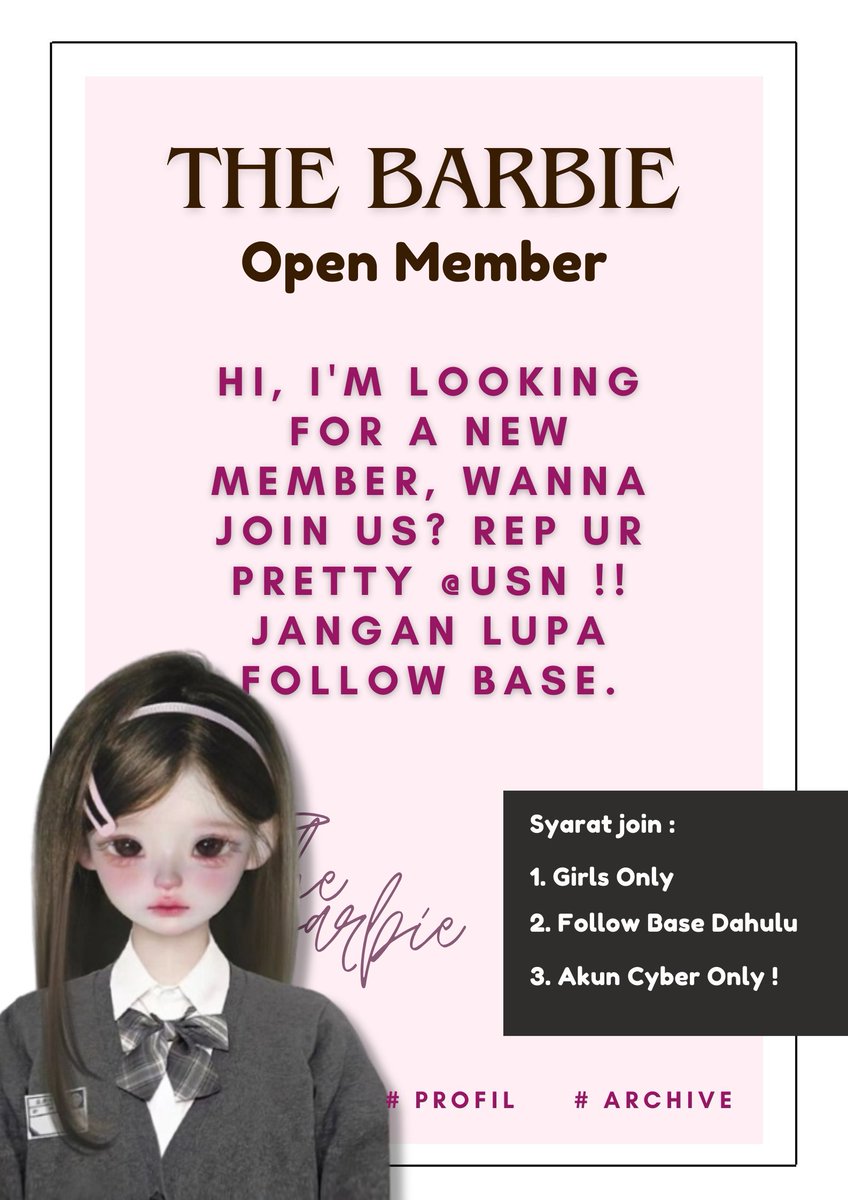 hi, the barbie bangkit nih!! join yuk, drop ur pretty @. dan jangan lupa follow base terlebih dahulu ya, di cari yg bisa ngeramein gdm sampe meledak. GIRLS ONLY !! help rt, yaa🧜🏻‍♀️🧜🏻‍♀️