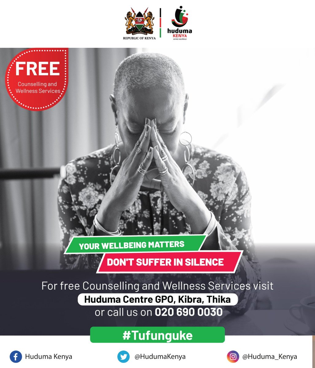When life gets tough, remember that you're not alone. Huduma Kenya's telecounselling helpline 0206900030 is here to offer a listening ear and professional guidance. Reach out and let us support you on your journey to mental wellness.