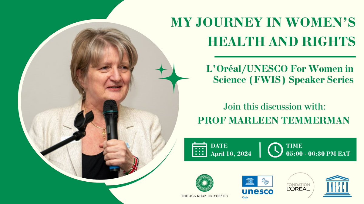 AKUCoEWCHEA's tweet photo. Join us today at 5pm EAT for this discussion with our director, Prof Marleen Temmerman @MamaDaktari, on "My journey in women's health and rights" as part of the @LOrealGroupe / @UNESCO For Women in Science (FWIS) Speaker Series. 

Register here: https://t.co/UoycB1sTTC https://t.co/c5ml9lWyQd